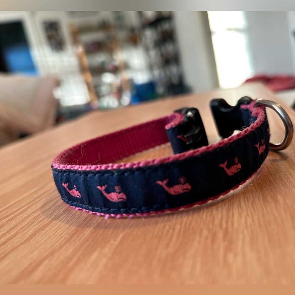 Pink Whales on Navy Dog Collar.
